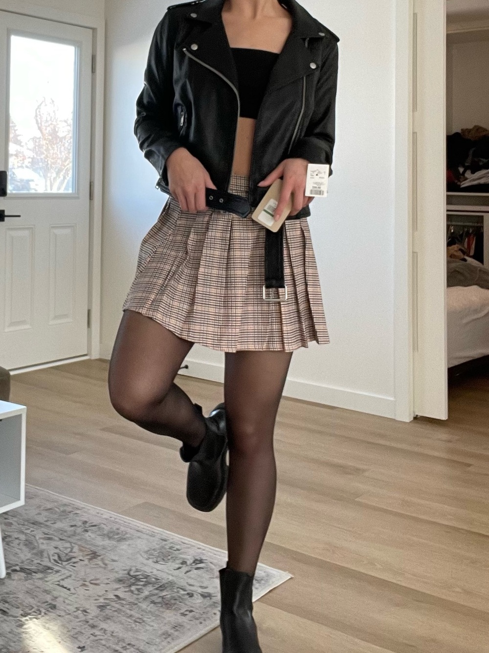 High-Waist Pleated Mini Skirt in Brown Plaid